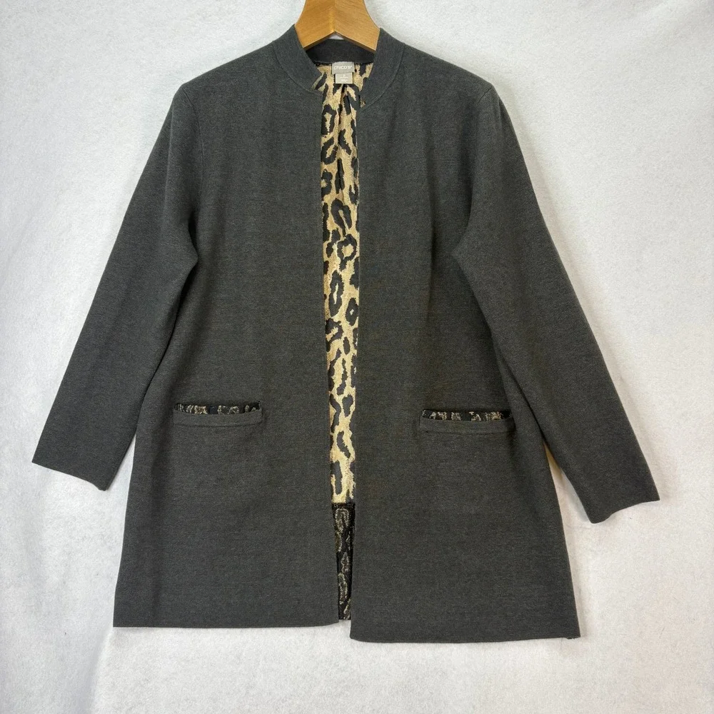 Chico's Womens Sz 2 (L) Gray Longline Jacket Cardigan Animal Print Back Pockets